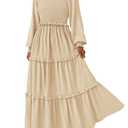 PRETTYGARDEN Fall Dresses for Women 2025 Long Sleeve Smocked Square Neck Swiss Dot Tiered Flowy Wedding Guest Maxi Dress (Beige,Large)
