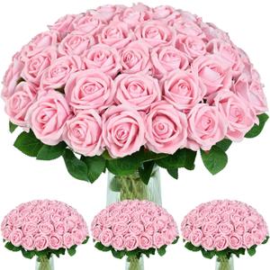 100 Pcs Pink Roses Artificial Flowers, Real Touch Velvet Roses Bouquet Fake Flowers Bulk, Artificial Roses with Long Stems for Birthday Gift Women Mom DIY Bridal Wedding Centerpiece Decorations