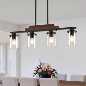 Pendant Lights Kitchen Island, 4-Light Farmhouse Chandeliers for Dining Room, Black Linear Chandelier with Clear Glass Shades, Modern Rustic Wood Chandelier with Adjustable Height