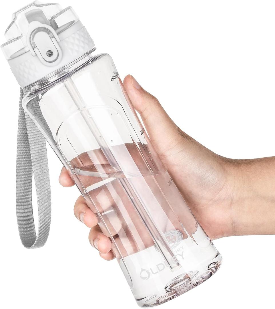 OLDLEY Kids Water Bottle with Straw 15 oz BPA-Free Leak-Proof Motivational Water Bottles with Time Marker for School Sports Travel Gym, Easy to Use for Girls Goys, 1 Straw Lid, Transparent