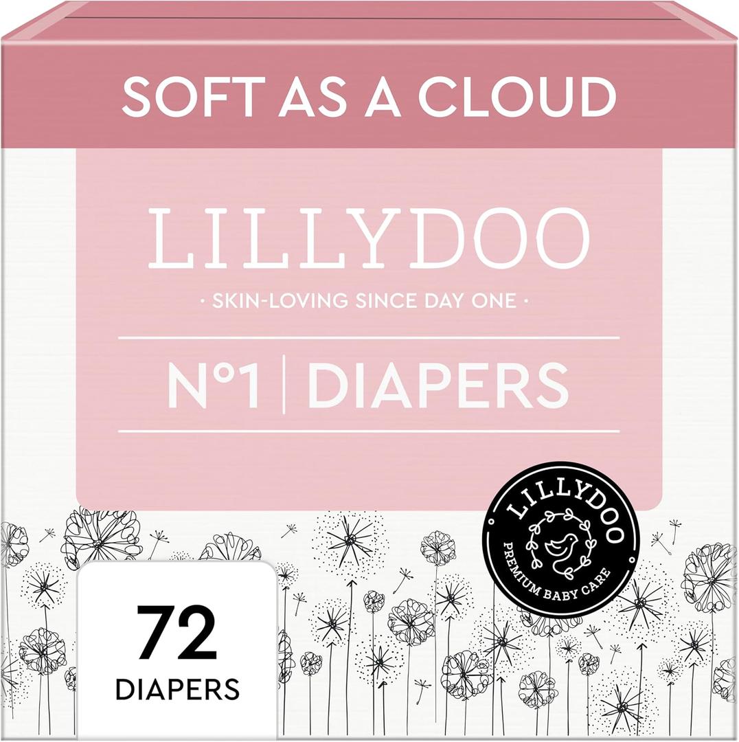 LILLYDOO Baby Diapers - Size 1 (4-11 lbs), Half-Monthly Supply (72 Count), Leak Protection, Skin-Friendly, Ultrasoft, Perfume- & Chlorine-Free, Hypoallergenic, Dermatologist Tested, Oeko-TEX