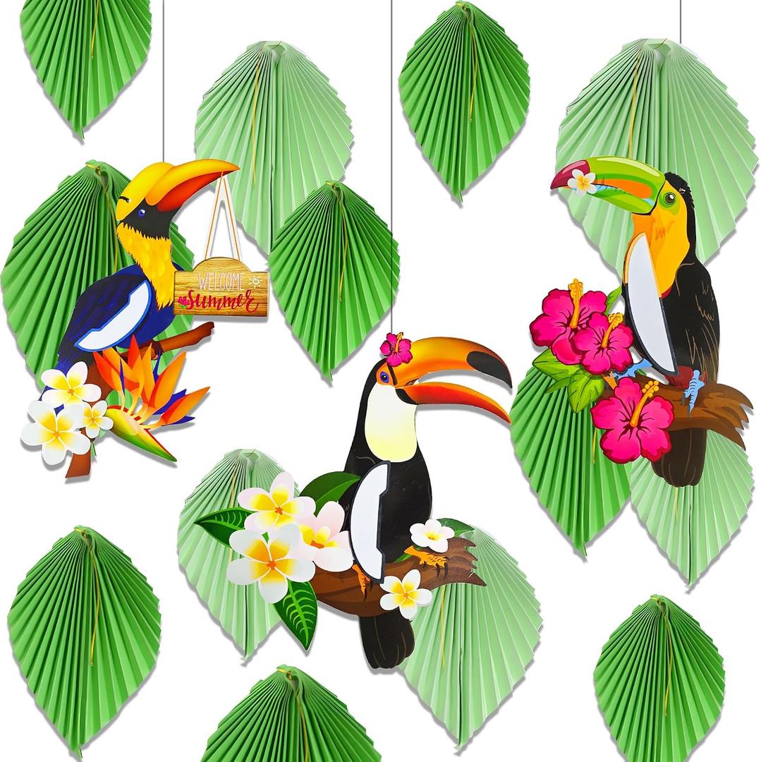 18PCS Parrot Honeycomb Palm Leaves Hanging,3PCS Tropical Birds Honeycomb Paper Cutouts for Hawaiian Beach Luau Party Hanging Decorations Tiki Bar Supplies