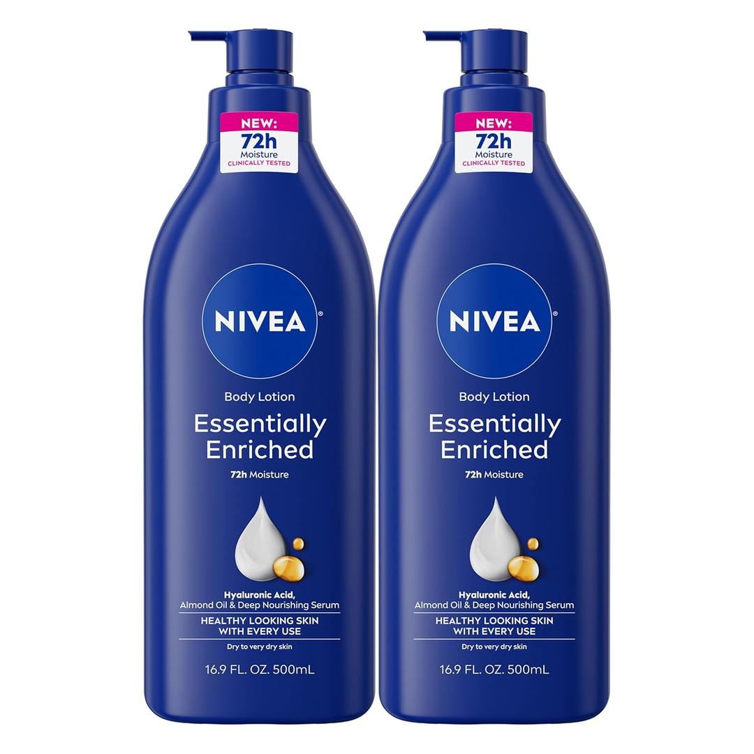 NIVEA Essentially Enriched Body Lotion for Very Dry Skin with Hyaluronic Acid, Almond Oil and Deep Nourishing Serum, 72Hour Body Moisturizer, 16.9 Fl Oz Pump Bottle, Pack of 2