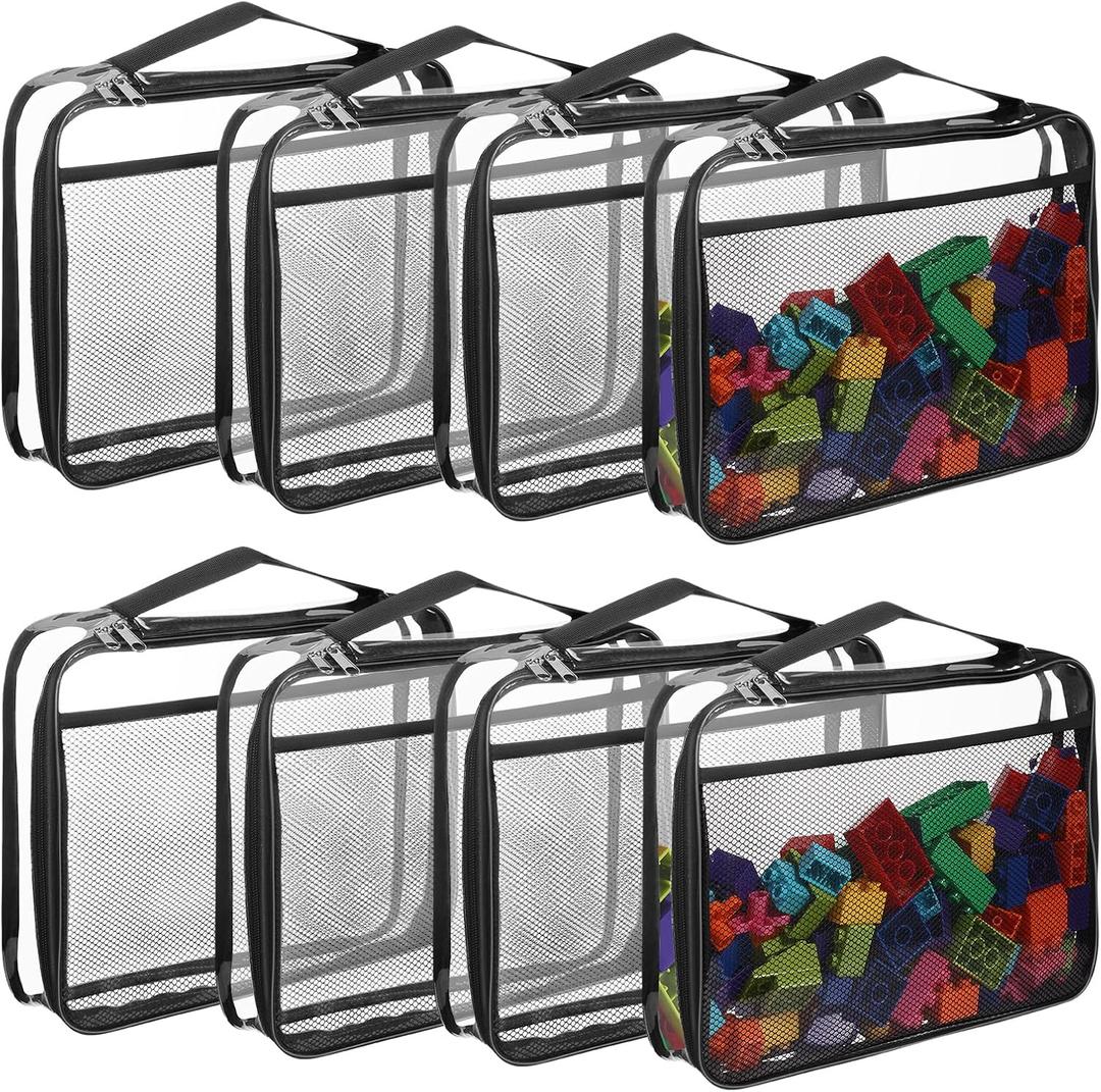8 Packs Toy Storage Bags with Zipper, Clear PVC Organizing Bags, Reusable Toy Storage Organizer with Portable Handle, Travel Waterproof Organizer Bags for Building Blocks, Puzzle, Toys and Books (Large, Black)