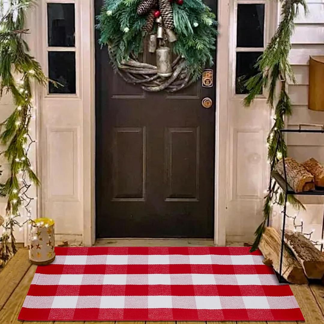 Christmas Red and White Plaid Rug 27.5 x 43 Inches, Hand-Woven Indoor/Outdoor Layered Cotton Blend Buffalo Plaid Rug, Washable Front Door Mat, Perfect for Porch, Living Room, Entryway