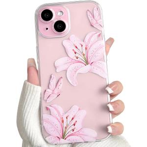 NITITOP Compatible with iPhone 15 Case Clear Cute Butterfly Lily Flower Floral Pattern for Women Girls Full Camera Lens Clear Slim Shockproof Protective Phone Cover - Pink