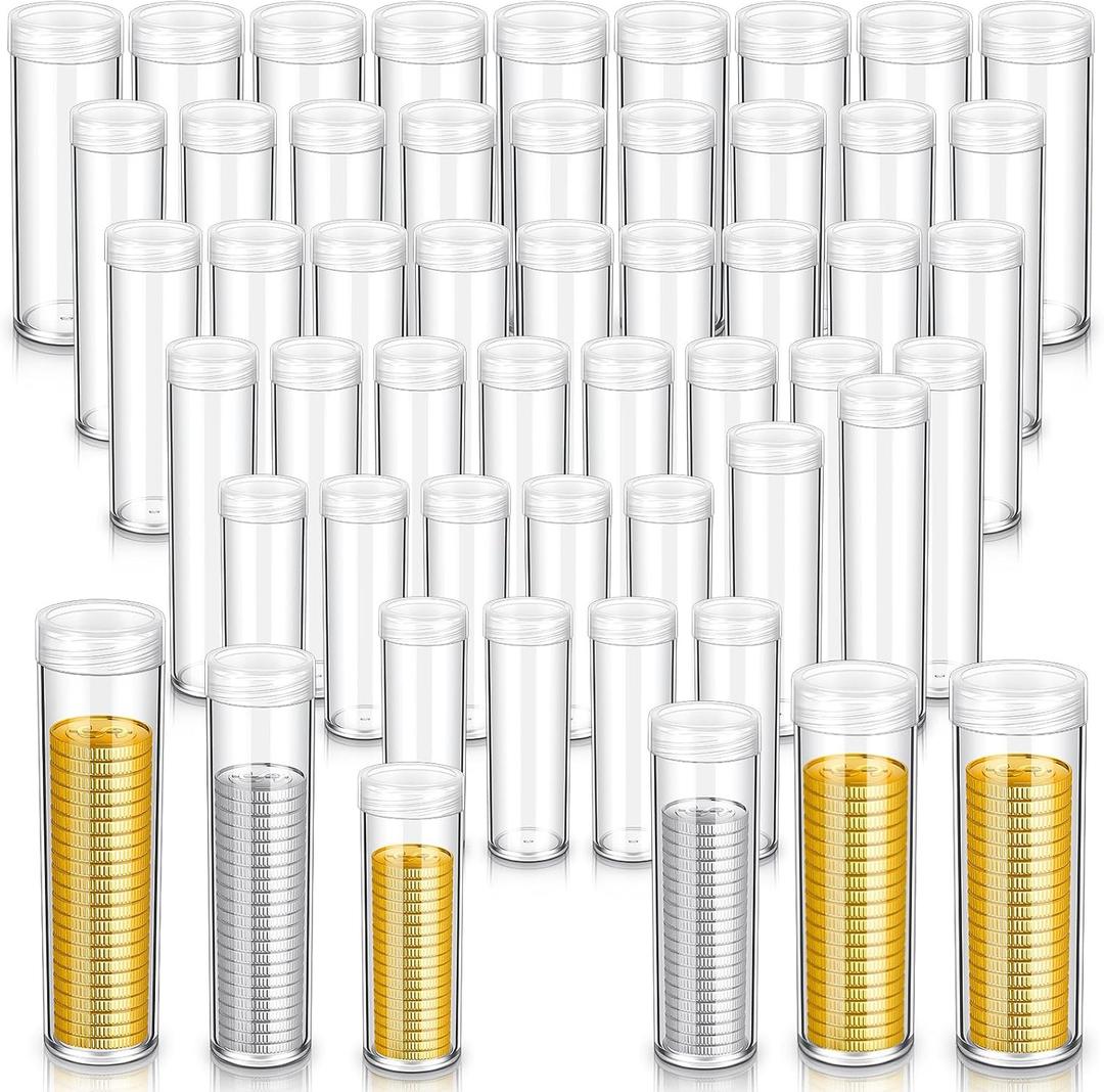 Yaomiao 60 Pcs Plastic Coin Tubes Assorted Sizes Nickel Dime Storage Tubes with Lid Quarter Storage Holders Half Dollar Containers Round Dollar Collection Supplies
