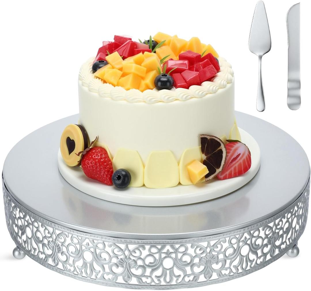 12 Inch Silver Cake Stand Set Metal Round Cupcake Dessert Stand with Cake Cutting, Spatula Wedding Cupcake Pastry Display Candy Holder Display for Wedding Party Birthday Baby Shower(Classic)