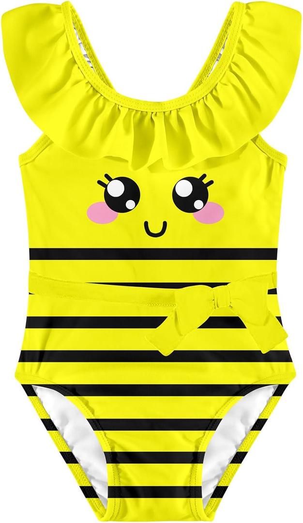 Girls One Piece Swimsuits Toddler Cute Ruffle Bathing Suits Quick Dry Beach Swimwear Size 2-7 Years (Yellow Bee)