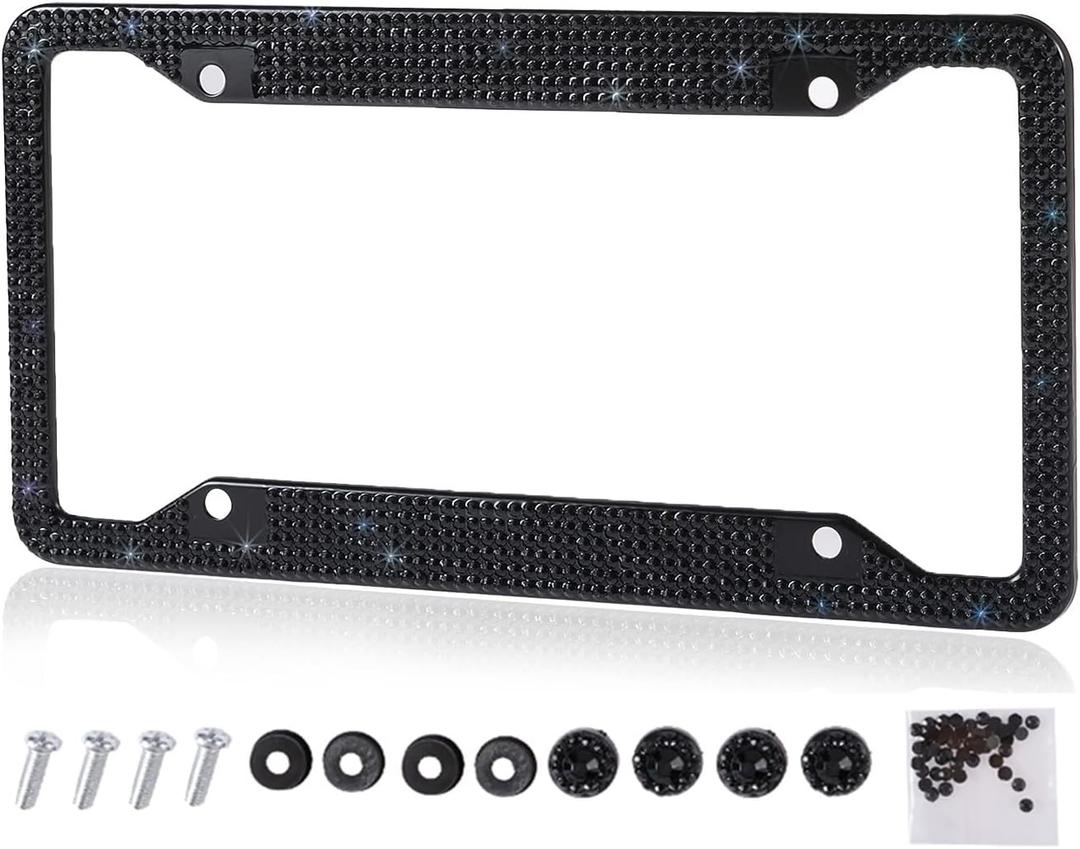 Fashion Handmade 4 Holes Black Crystal License Plate Frames,Premium US Universal Bling License Plate Holder,Waterproof Rhinestone License Plate Cover(1 Frame)