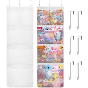 Lifewit Stuffed Animal Storage, 2 Pack Over the Door Organizer with 5 Expandable Mesh Pockets, Breathable Hanging Kid Plush Net Hammock Baby Toy Holder for Closet, Nursery, Bedroom, Bathroom,White