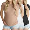 Ficerd 3 Pack Women's Maternity Shirts Short Sleeve Ribbed Pregnancy Tops Crew Neck Basic Tees Summer Mama Clothes(Khaki, White, Black,Small) (S)