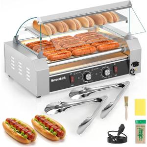 Seeutek Hot Dog Roller 7 Rollers 24 Hot Dogs Capacity 1100W Stainless Hot Dog Toaster With LED Light, Hot Dog Machine W/Dual Temp Control Glass Hood Acrylic Cover Warmer Shelf Removable Oil Drip Tray