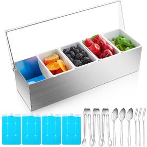 Mifoci 1 Pack Stainless Steel Chilled Condiment Server 5 Removable Slot Toppings Containers with Lid and Bottom Ice Bar Garnish Tray with 9 Silverwares 4 Ice Boxes for Christmas Party, Events and Bar, as shown in the picture