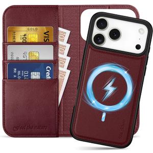 SHIELDON Detachable Wallet Case for iPhone 17 Pro Max 6.9-inch | Genuine Leather, 2-in-1 Folio Magnetic Cover, Wireless Charging, RFID Blocking Credit Card Slot, Kickstand, Shockproof - Red