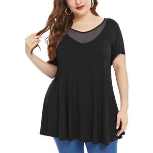 MONNURO Womens Short Sleeve V Neck Sexy Tops Casual Loose Plus Size Tunics Basic T-Shirt for Legging (2X, Black)