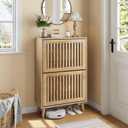 Shoe Cabinet with 2 Flip Slatted Drawers, Farmhouse Slim Shoe Organizer Rack with Golden Handles, Freestanding Hidden Entryway Storage for Hallway, Natural Oak