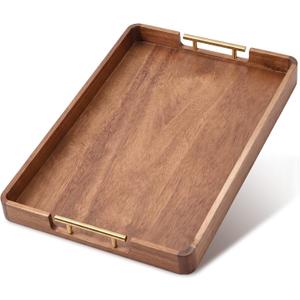 Domensi 22 x 16 Inch Large Acacia Wood Serving Tray with Handles, Rectangular Decorative Ottoman Tray for Coffee Table Kitchen Food Drinks Breakfast in Bed Server Home Decor