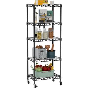 Golpart Small 5 Tier Shelves Storage Wire Shelving Unit Metal Shelf Adjustable Organizers Storage Shelving with Wheels for Bathroom Laundry Room Kitchen Pantry12D x 18W x 57.2H Black