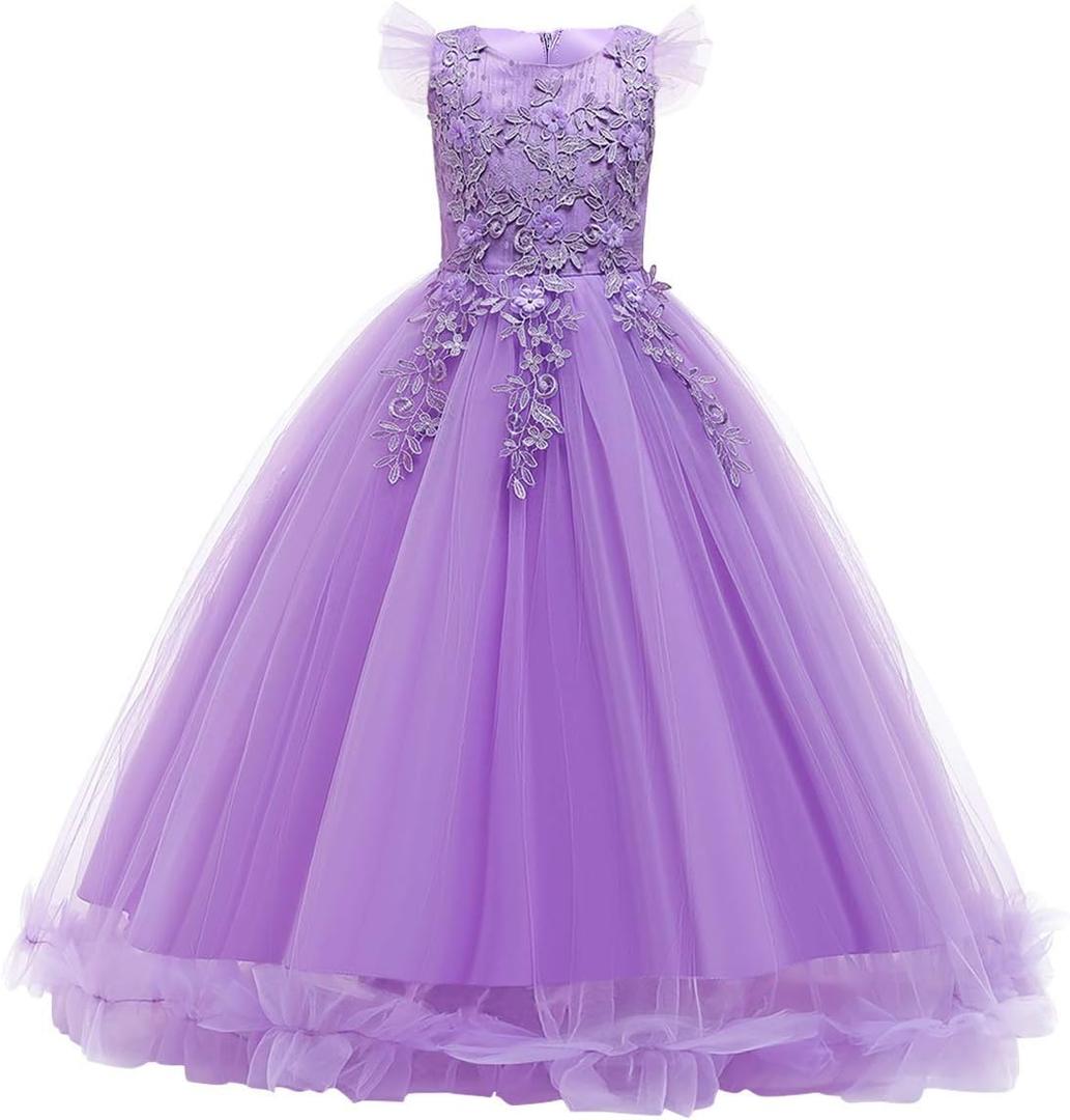 Flower Girls Maxi Dress Bridesmaid Wedding Pageant Party Princess Communion Floral Boho Vintage Lace Dance Gown (13-14 Years, Light Purple)