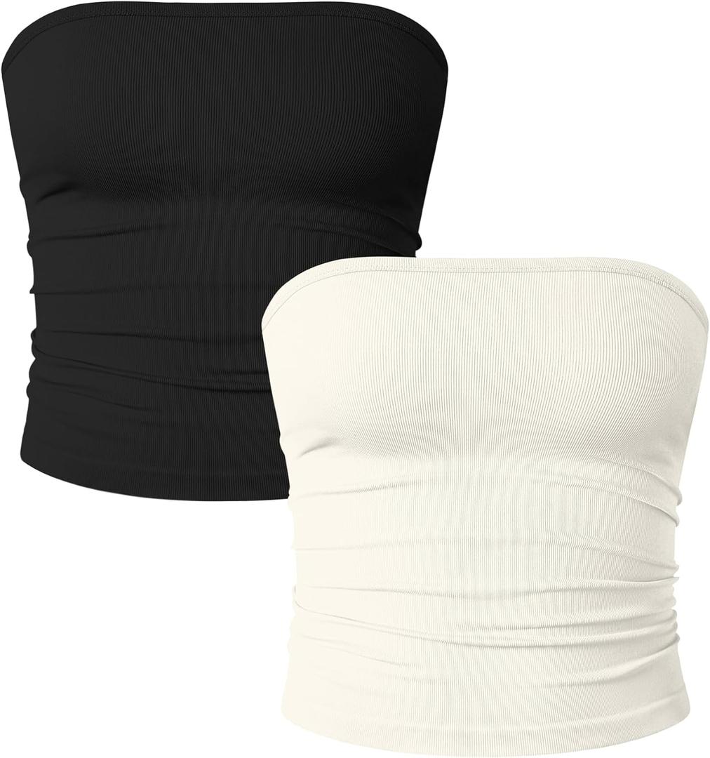 OQQ Womens 2 Piece Tube Tops Strapless Basic Sleeveless Stretch Classic-Fit Shirts Sexy Crop Tops (Small, Black,beige)