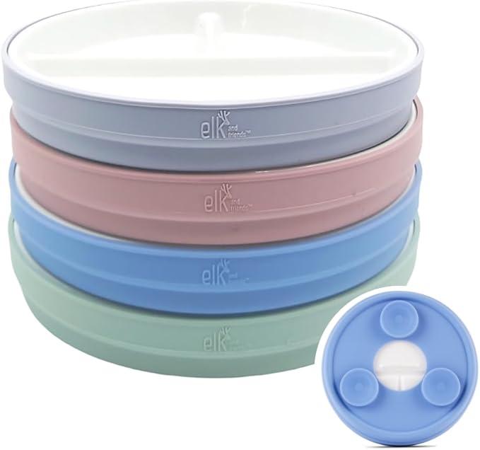 Elk and Friends Kids 6.7” Porcelain Divided Plates with Silicone Suction Sleeves + Silicone Lids | Suitable for Babies/Kids/Toddlers | Microwave & Dishwasher Safe | Non Slip | Snack Dishes | 4 Pack
