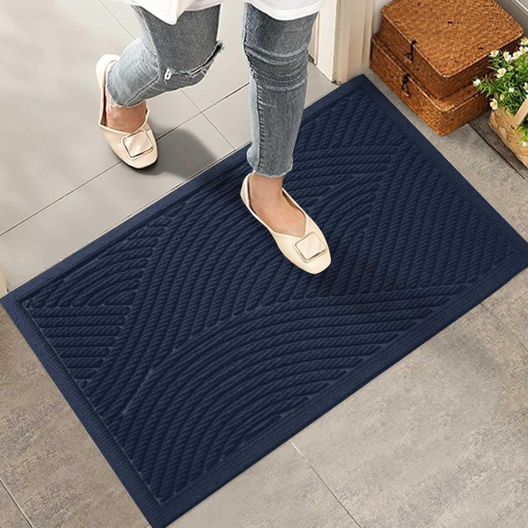Sturdy Front Door Mat, Absorbent Muddy Dirt Resist Welcome Door Mats Outdoor Indoor, Stain and Fade Resistant, Non-Slip Backing Entry Mat Low Profile Doormat for Entryway, 2917, Blue