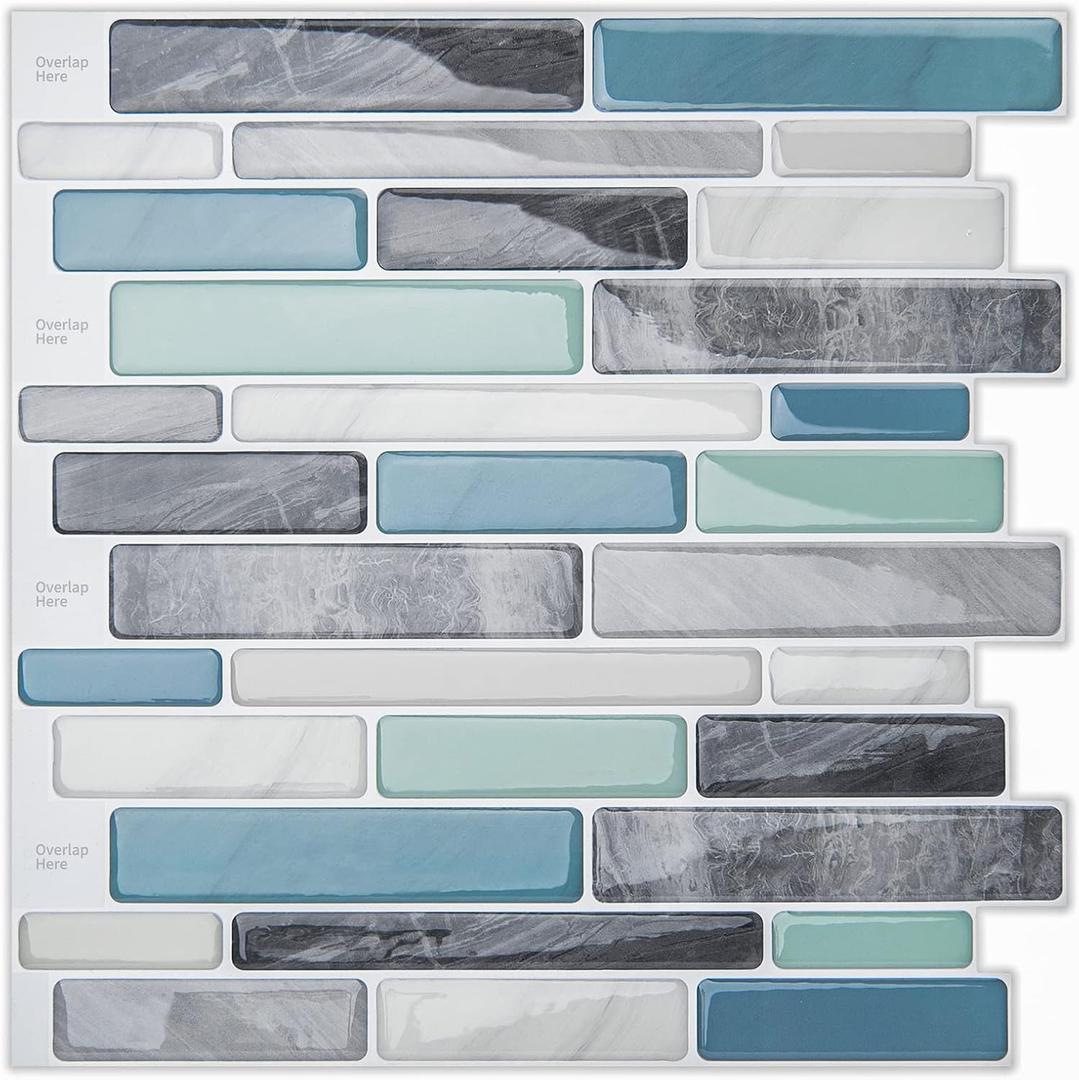 LONGKING Self-Adhesive Kitchen Backsplash, Marble Look Decorative Tiles (10 Tiles) (Blue)