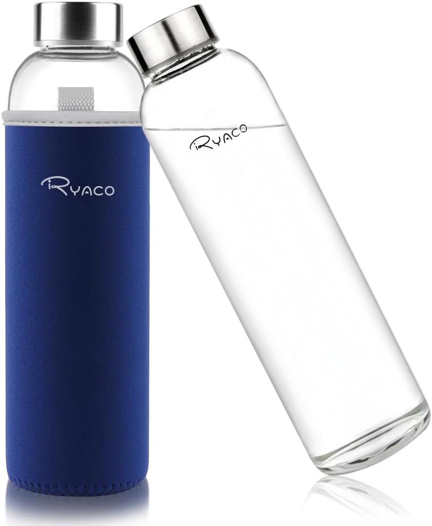 Ryaco Borosilicate Glass Water Bottle 33oz/1L/1000ml BPA-Free Leak Proof Ideal for School Home Office Travel Sport Yoga Gym Hot Cold Drinks with Portable Neoprene Carrying Sleeve and Sponge Brush (Only Case)