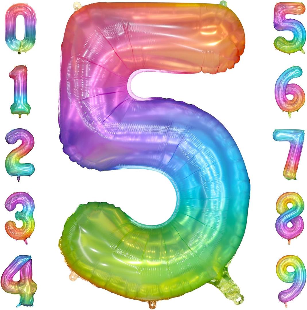 40 Inch Rainbow Number Balloon 5, Large Number Foil Balloons Mylar for Girl Boy Birthday Party Celebration Decorations Supplies, Digital Balloons for Wedding Anniversary Events Decorations