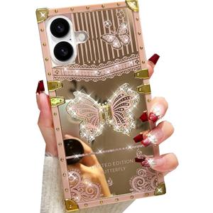 Changjia Glitter Kickstand Case for iPhone 16 Plus,Cute Luxury Bling Sparkly Butterfly with Foldable Stand Elegant Mirror Back Shockproof Protective Case for Women Girls for iPhone 16 Plus 6.7",Pink
