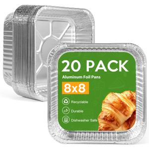 8"x8" Aluminum Foil Pans Disposable - 20 Pack Square Baking Pans Disposable Grill Accessories Meal Prep Containers Heavy Duty Tin Foil Pan for Baking Cake, Oven Cooking, Heating, Storing