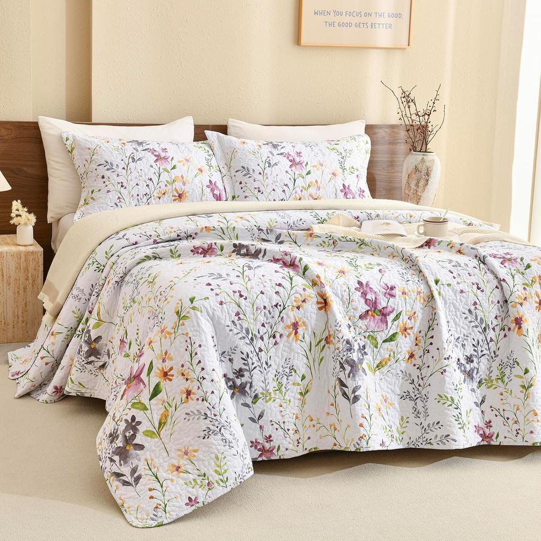 Lady Ann 100% Cotton Quilt Sets Queen, Yellow Flower Botanical Pattern Printed Quilted 102x118 Bedspread Set,Vintage Coverlet Ultra Soft Bedspread Set with Pillow Shams Al Season,3 PCS, Oversized Queen