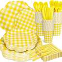 Houuqe 400 Pcs Gingham Party Supplies for 50 Guests Easter Party Yellow and White Scalloped Paper Plates and Napkins Knives Spoon Fork Cup Disposable Checkered Dinner Party Set for Baby Shower Wedding, Yellow