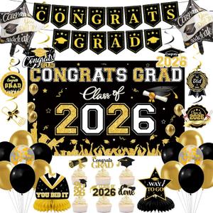 Graduation Decorations 2026 Set: Class of 2026 Decorations with Congrats Grad Banner Backdrop Balloons Cupcake Toppers Hanging Swirls Honeycomb Centerpieces for Grad Party Decorations