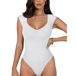 REORIA Butsmooth® Women's Trendy Sexy Casual V Neck Double Lined Sleeveless Slimming Going Out Tank Top Bodysuits, Size L