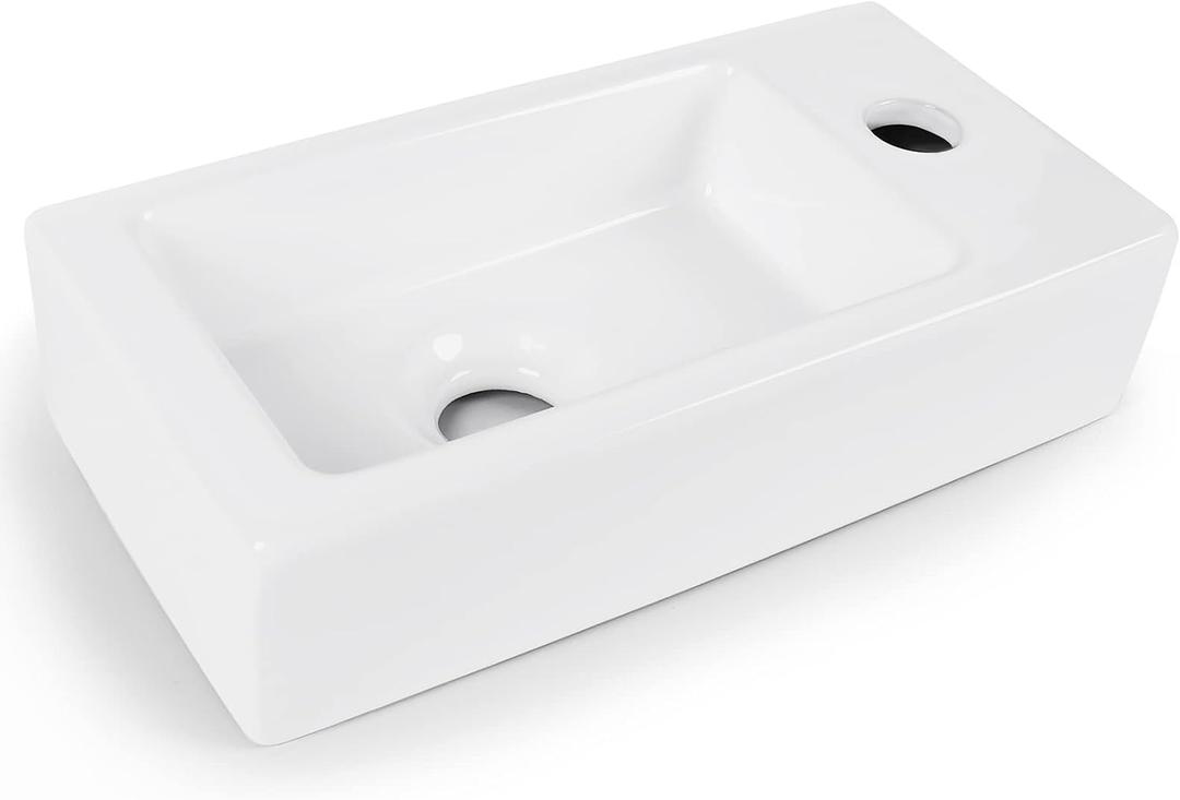 QUXIJA Ceramic Liberty Wall Mount Sink, Rectangle Small Bathroom Sink, Classic Look and Save Space, Right/ Left Hand (Right Hand)