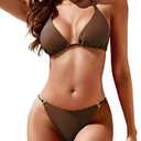 Zuvebamyo Women's Two Piece Bikini Sets Sexy Halter Ring Swimsuit Triangle String Cheeky Bathing Suit, M