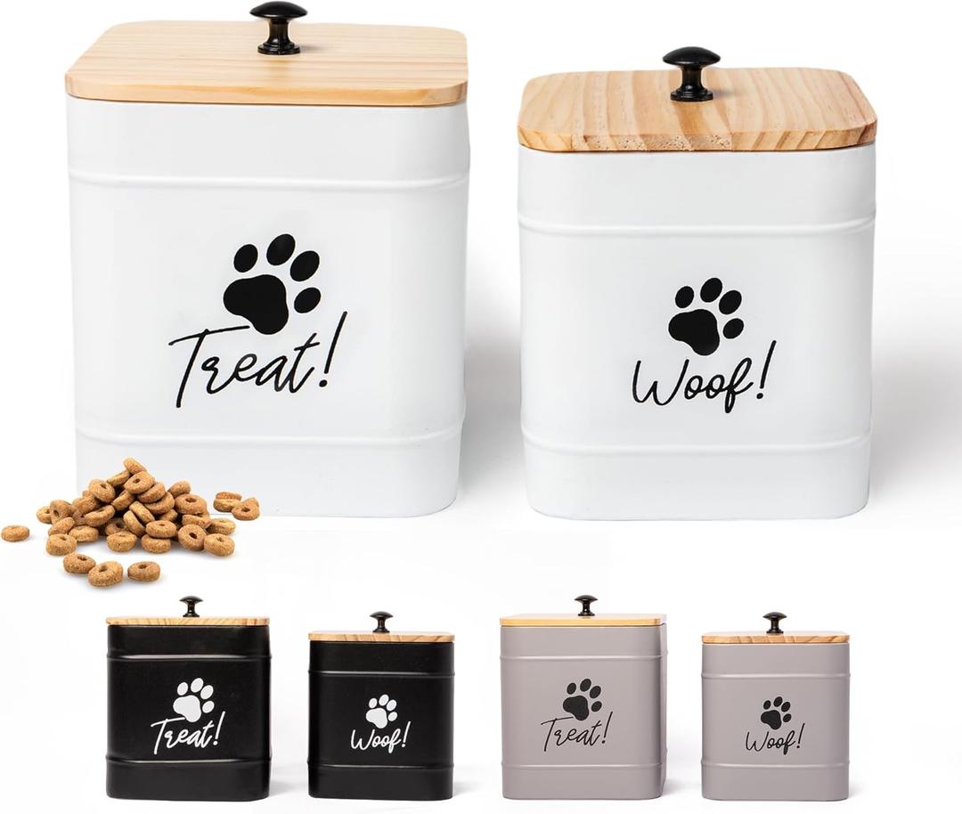 DD DEFINED DECO Dog Treat Container Set of 2, White Dog Treat Container, Dog Cookie Jar for Kitchen Counter, Metal Pet Treat Organizer, Small Dog Treat Canister Farmhouse Dog Food Storage