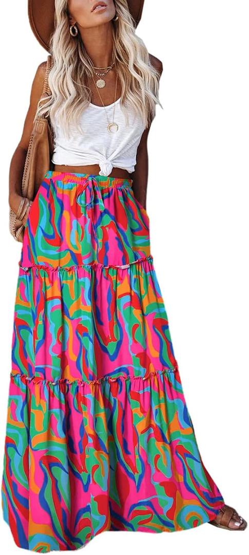 EARKOHA Womens Casual High Waist Tie Paisley Print Long Maxi Skirt with Pockets (XX-Large, Multicolor)