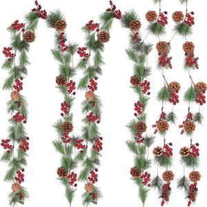 Ceenna 4 Pcs Artificial Pine Garlands with Pine Cones and Red Berries - 24 ft Total Long Christmas Greenery Garland for Decor