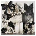 Black Bow Birthday Decorations,187Pcs Black and White Balloon Arch Kit with Clear Bow Foil Double Stuffed Pearl Balloons Ribbon Bow Pearl Stickers for Bow Coquette Birthday Bachelor Bridal Baby Shower