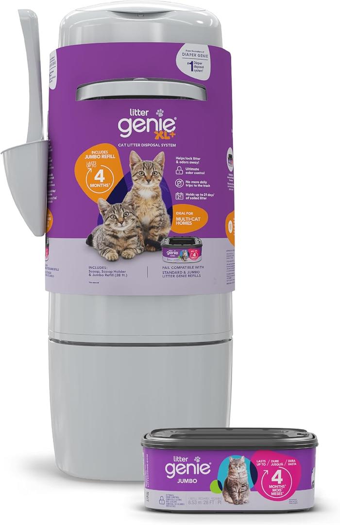 Litter Genie XL+ Pail with 24 ft Jumbo Refill, Ideal for Multi-Cat Homes