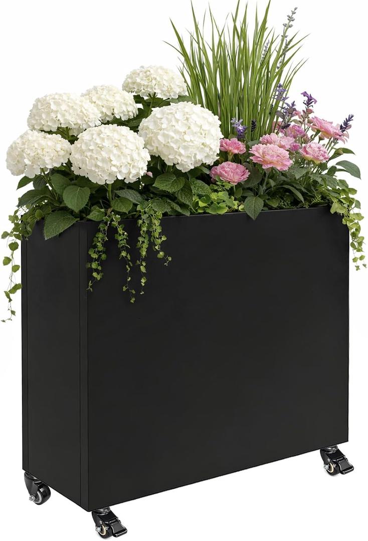 Tall Rectangular Metal Planter Box36''L x 11''W x 30''H with Wheels, Large Outdoor Rolling Planter for Patio & Garden, Modern Black Steel Planter Boxes Outdoor with Locking Casters