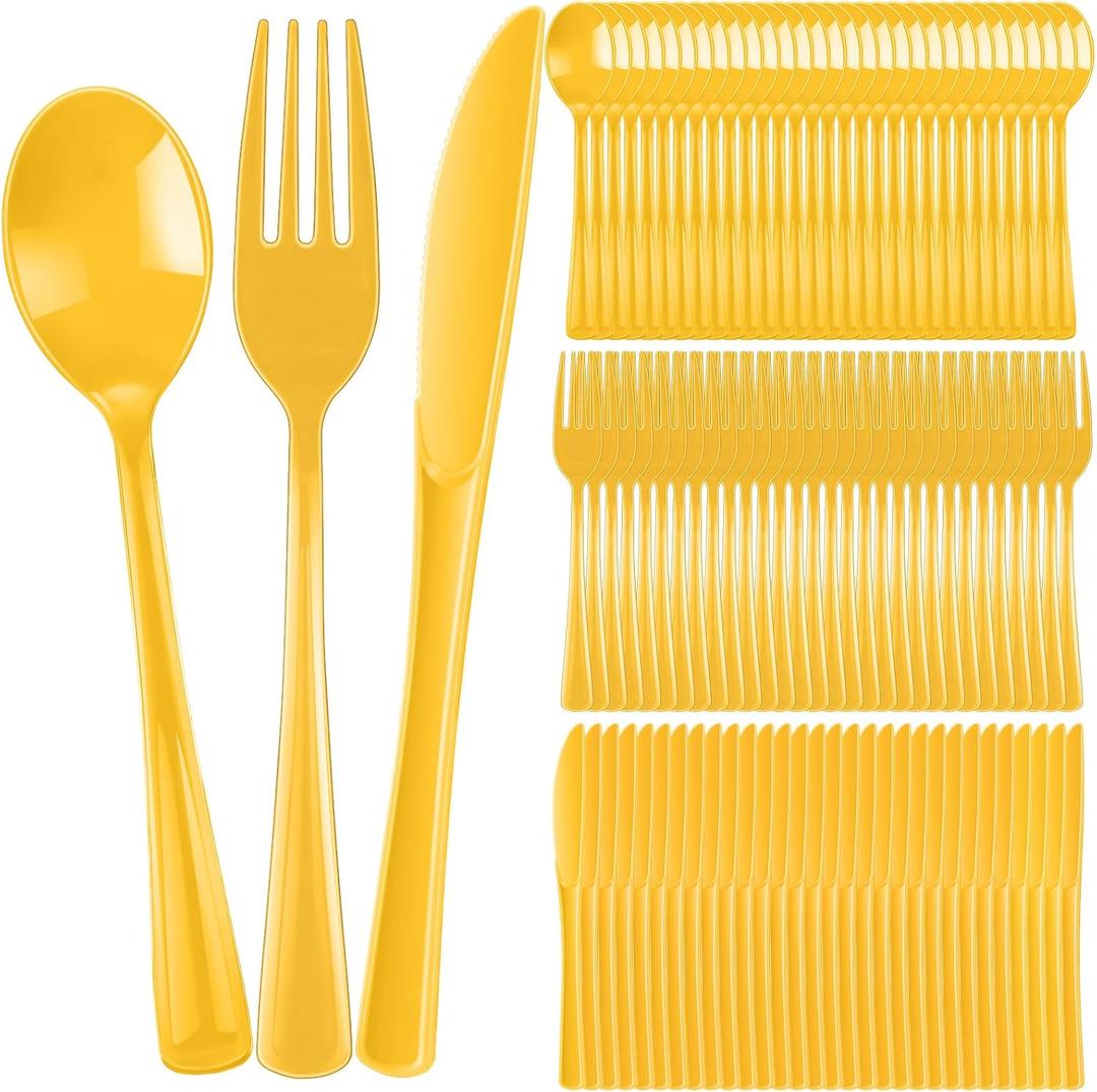 300 Pcs Plastic Silverware Heavy Duty Cutlery Set Plastic Utensils Set Includes 100 Disposable Spoons 100 Forks Knives for Parties Catering Family Gathering (Yellow)