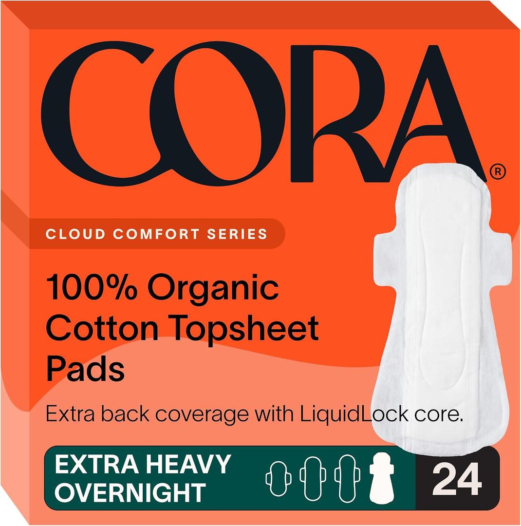 Cora 100% Organic Cotton Topsheet Pads Extra Heavy Overnight Pads (24 Count)