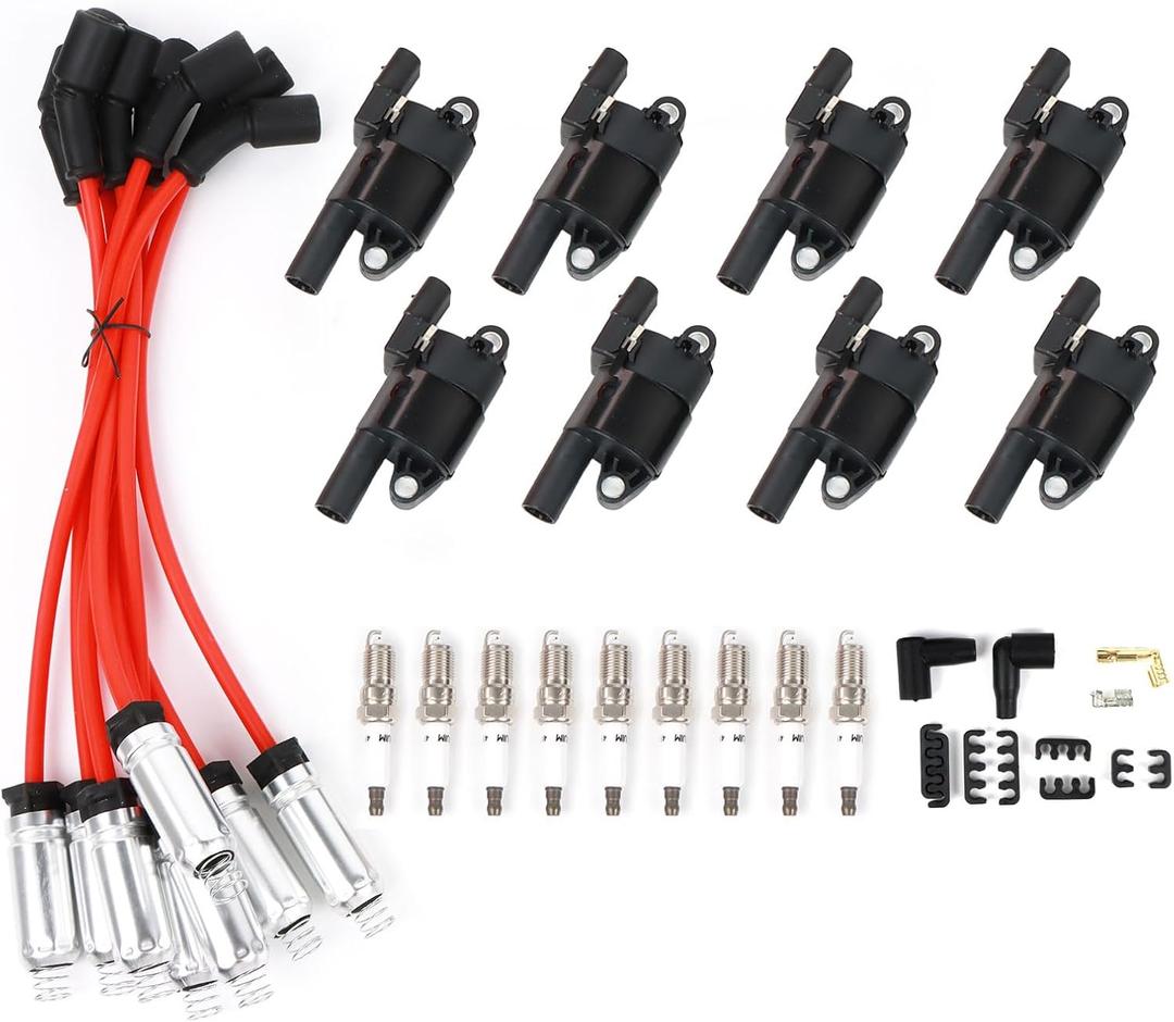 8PCS UF414 Round Ignition Coils Pack & Iridium Spark Plugs & Spark Plug Wires Set Compatible with Chevrolet Corvette Avalanche Silverado 1500 2500 3500 GMC Savana 1500 2500 Cadillac Escalade