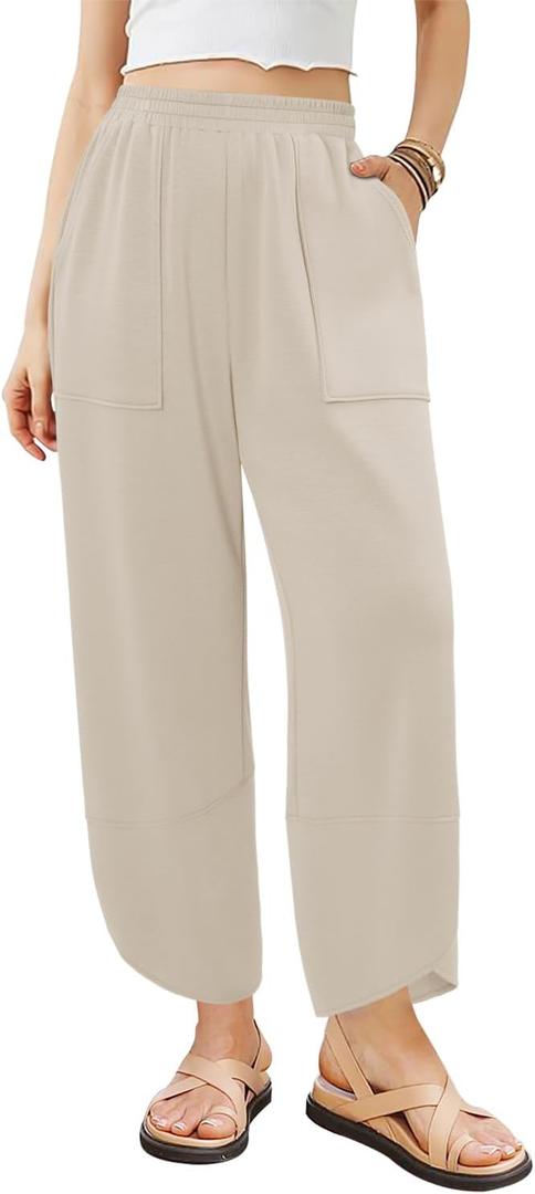 Angerella Womens Baggy Wide Leg Pants High Waisted Casual Lounge Pant Loose Comfy Stretchy Trousers with Pockets (Beige, L)