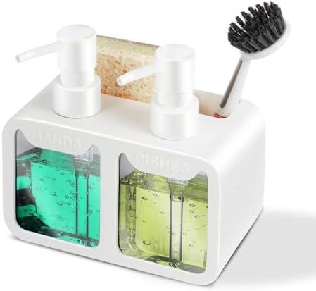Kitchen Soap Dispenser Set, with Hand and Dish Soap, Sponge Caddy and Brush Holder 4-in-1 Kitchen Dual Soap Dispenser Set for Kitchen Sink, Bathroom - White