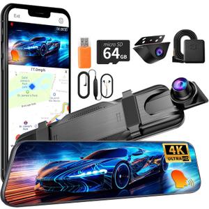 Mirror Dual Dash Camera,4K and 2.5K Dash Cam with Voice Control Rear View Mirror Camera and WiFi,GPS Dashcam for Cars with WDR Night Vision, G-Sensor, 24 Parking Monitor ABS (Include 64GB Card)